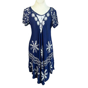 SR Fashion Navy Blue White Embroidered Asymmetrical Hem Casual Resort Dress